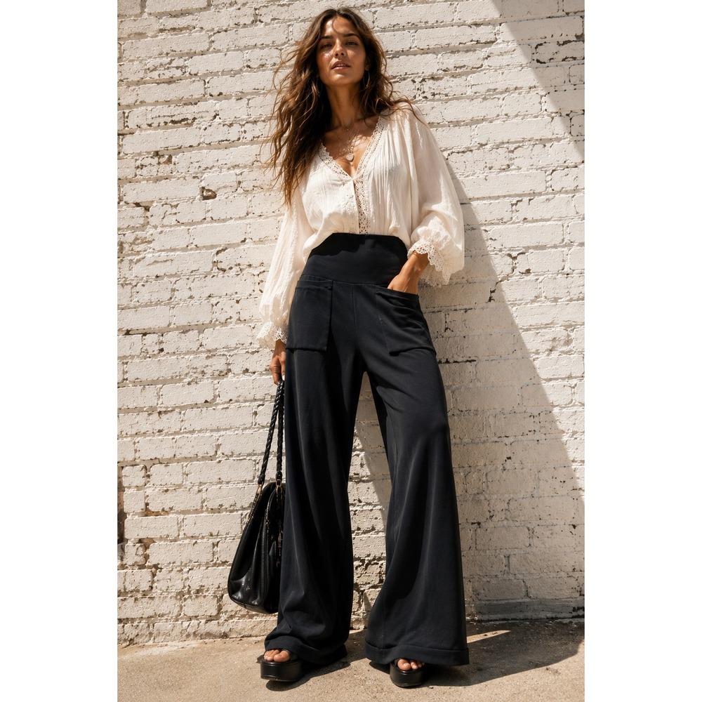 Henriette Steffensen Black Organic Cotton Wide Leg Lounge Pants Large